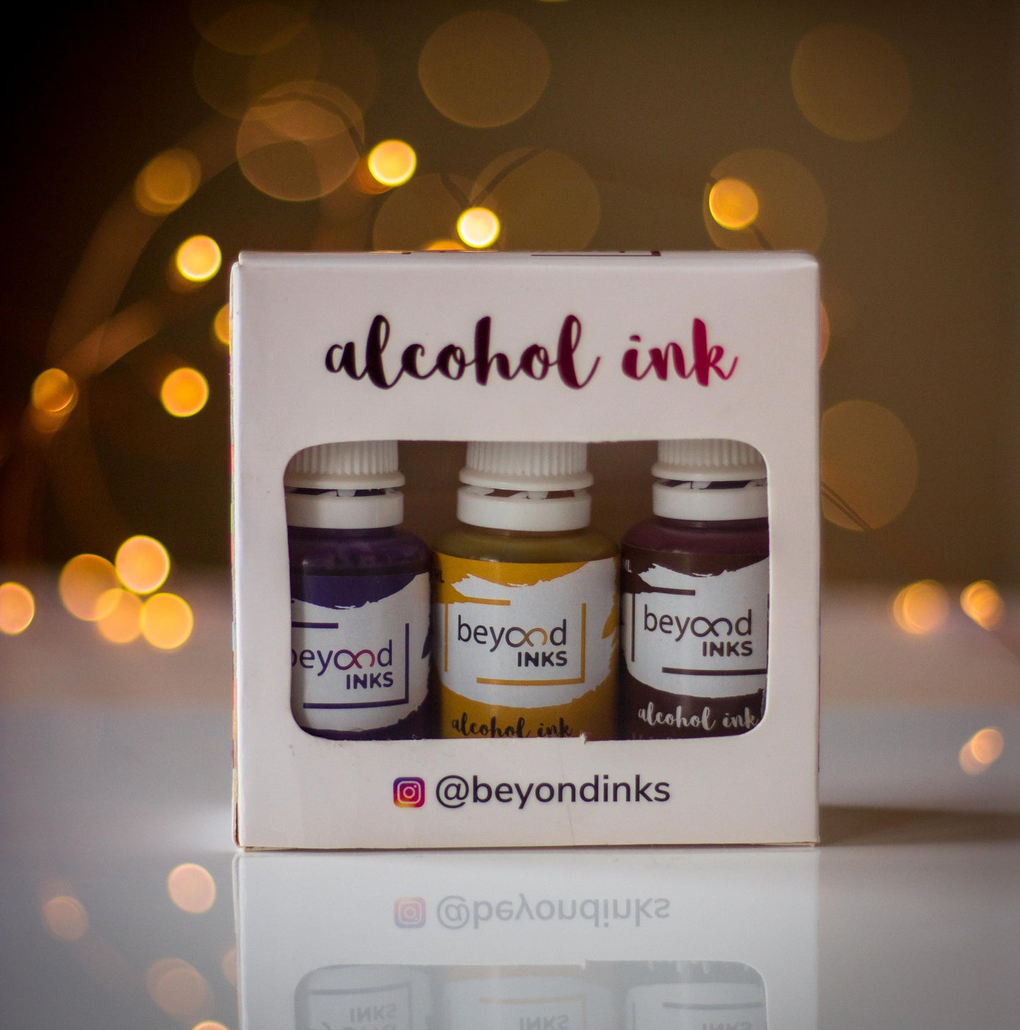Alcohol Inks, Made in India by BeyondInks Butterscotch Violet Hickory Pack2