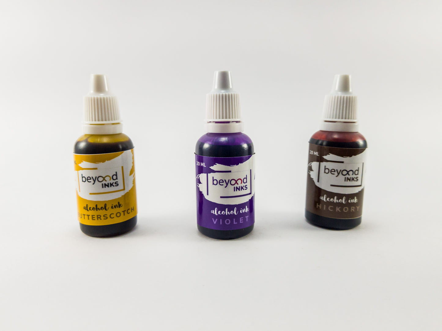 Alcohol Inks, Made in India by BeyondInks Butterscotch Violet Hickory Pack2
