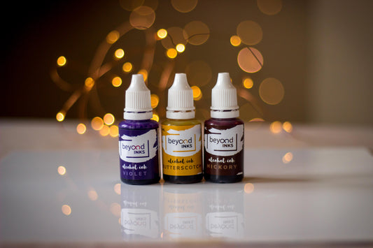 Alcohol Inks, Made in India by BeyondInks Butterscotch Violet Hickory Pack2