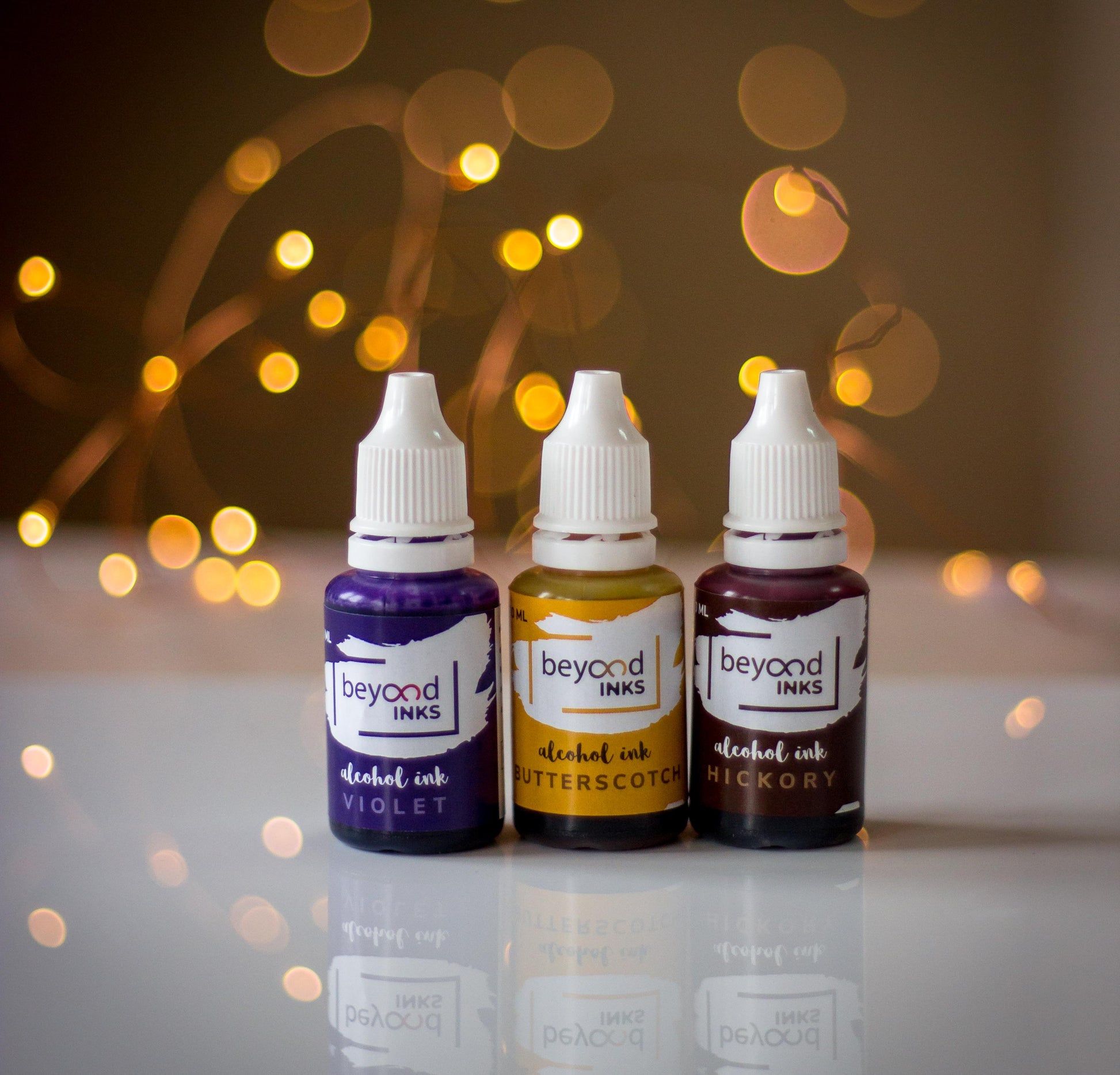 Alcohol Inks, Made in India by BeyondInks Butterscotch Violet Hickory Pack2